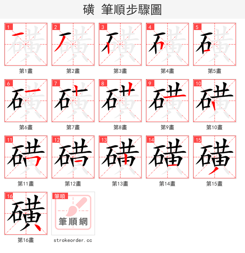 磺 的笔顺分步演示（一笔一画写字）