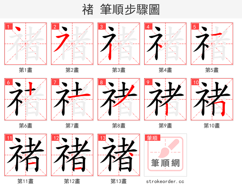 禇 的笔顺分步演示（一笔一画写字）