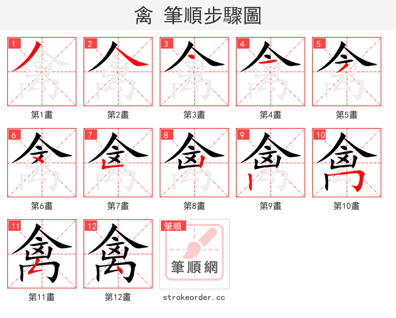 禽 的笔顺分步演示（一笔一画写字）