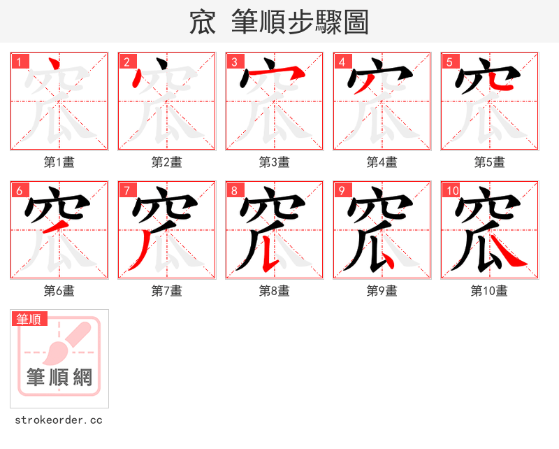 窊 的笔顺分步演示（一笔一画写字）