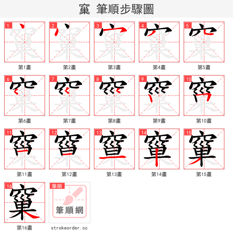 窼 的笔顺分步演示（一笔一画写字）
