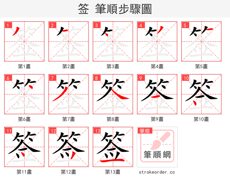 签 的笔顺分步演示（一笔一画写字）