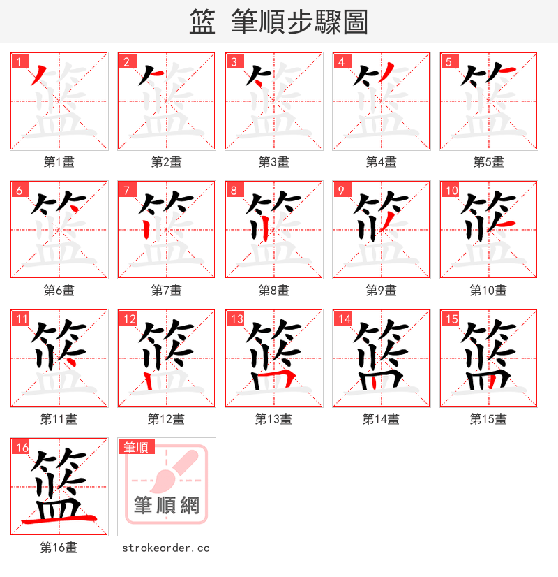篮 的笔顺分步演示（一笔一画写字）