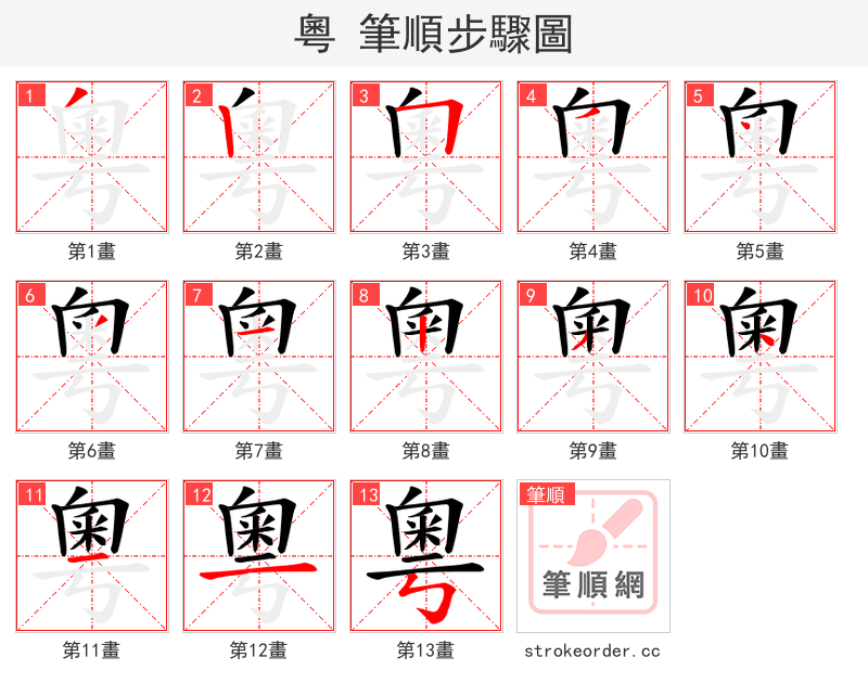 粵 的笔顺分步演示（一笔一画写字）