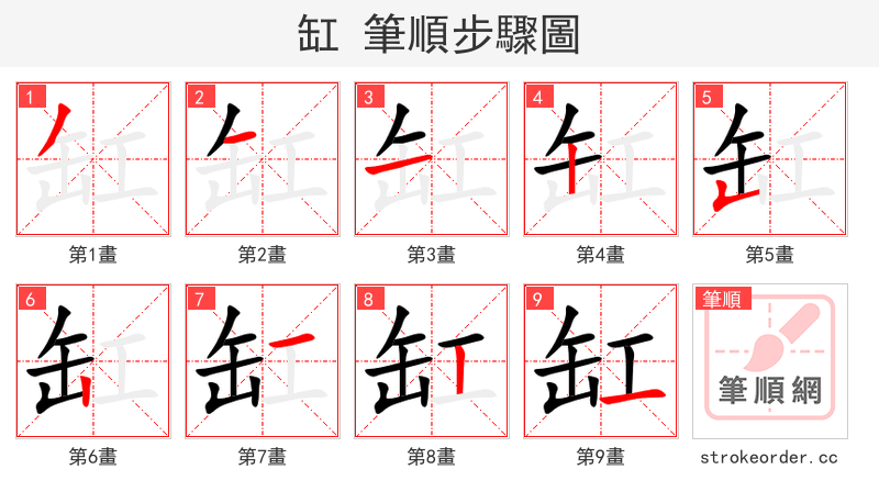 stroke order steps of 缸