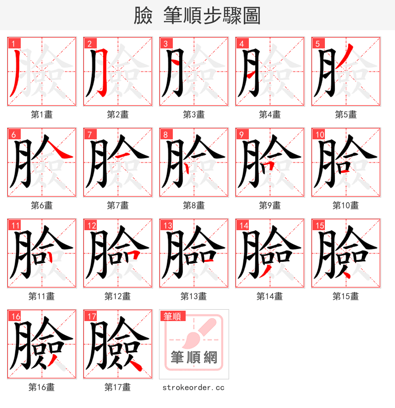 臉 的笔顺分步演示（一笔一画写字）