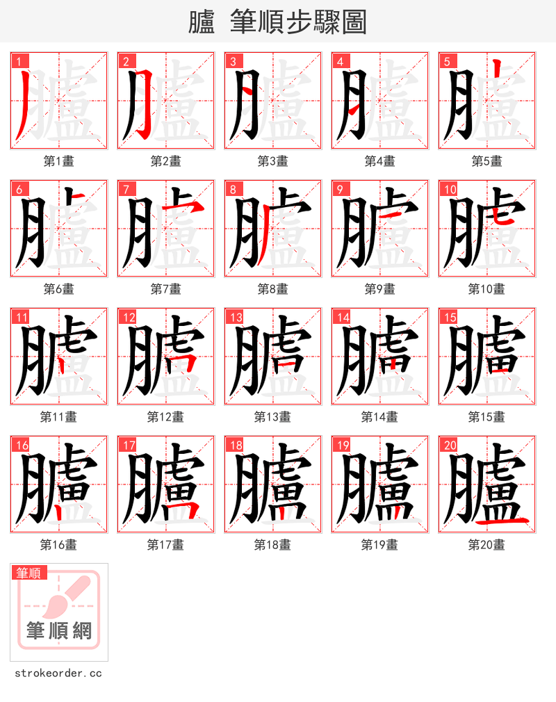 臚 的笔顺分步演示（一笔一画写字）