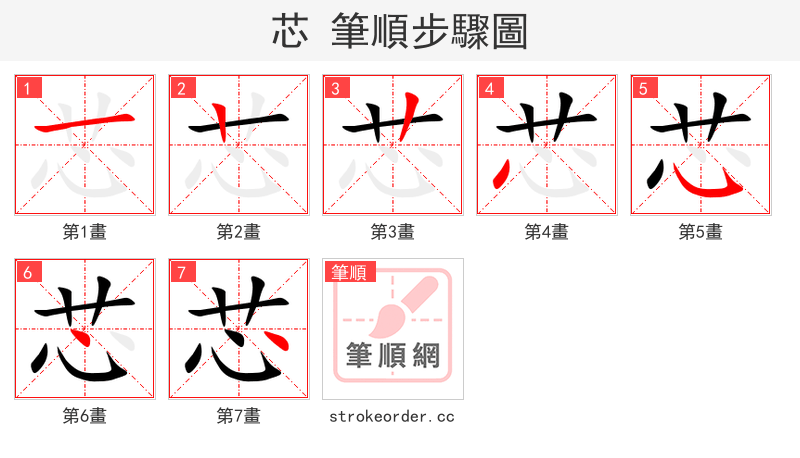 芯 的笔顺分步演示（一笔一画写字）