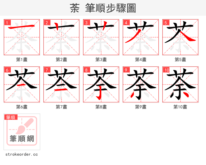 荼 的笔顺分步演示（一笔一画写字）