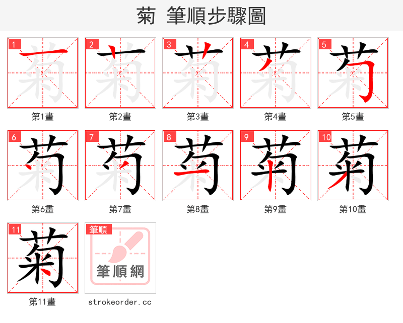 菊 的笔顺分步演示（一笔一画写字）