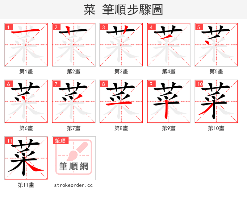 菜 的笔顺分步演示（一笔一画写字）