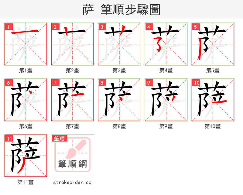 萨 的笔顺分步演示（一笔一画写字）