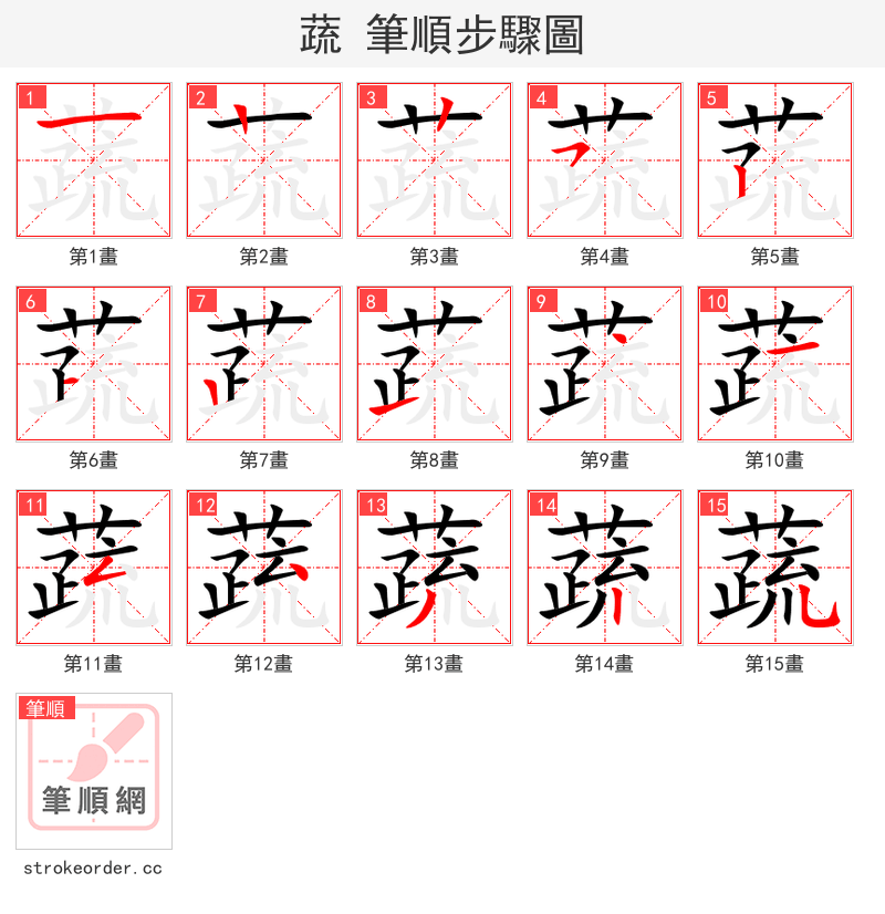 蔬 的笔顺分步演示（一笔一画写字）