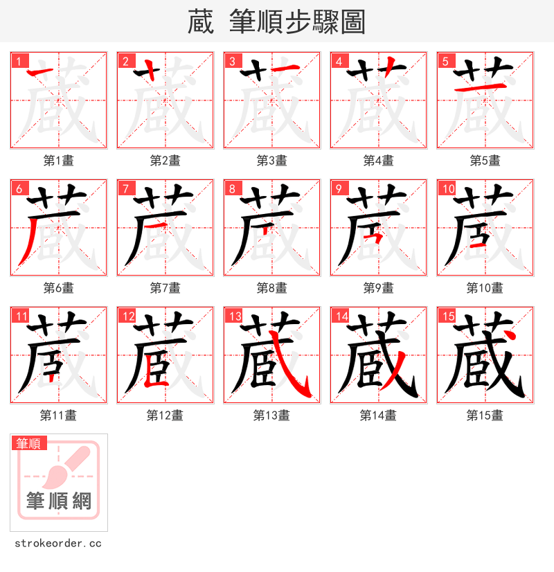 蔵 的笔顺分步演示（一笔一画写字）