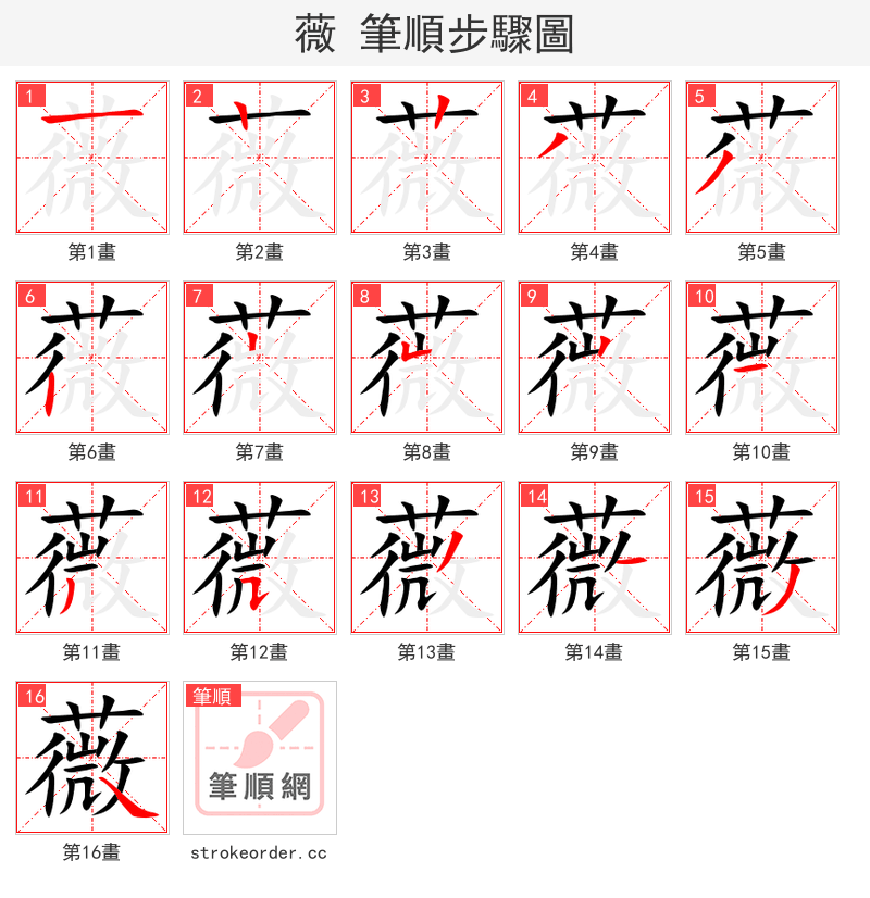 薇 的笔顺分步演示（一笔一画写字）