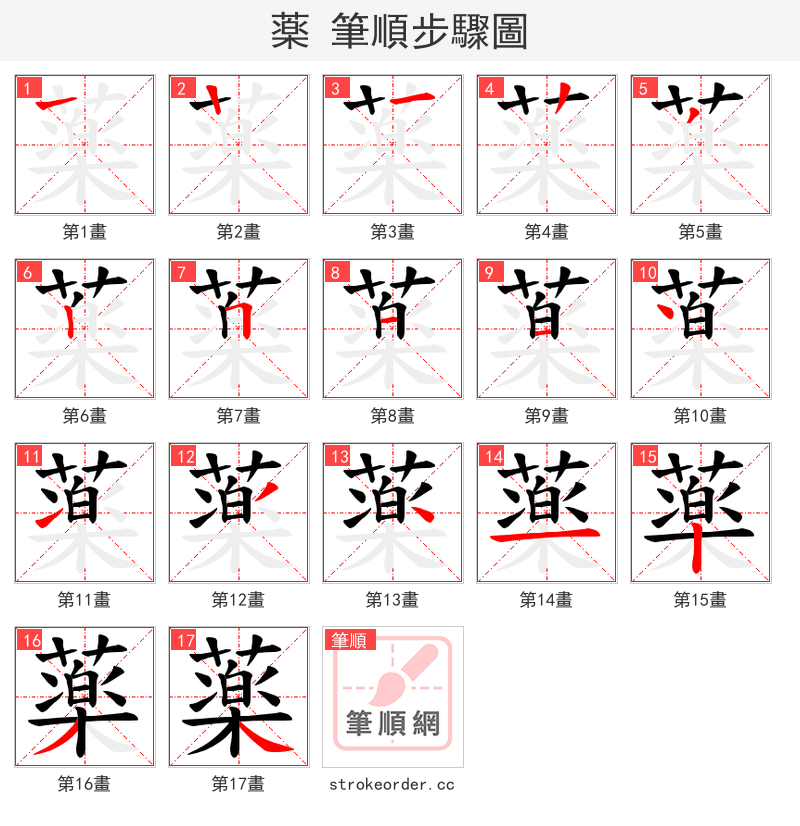 薬 的笔顺分步演示（一笔一画写字）