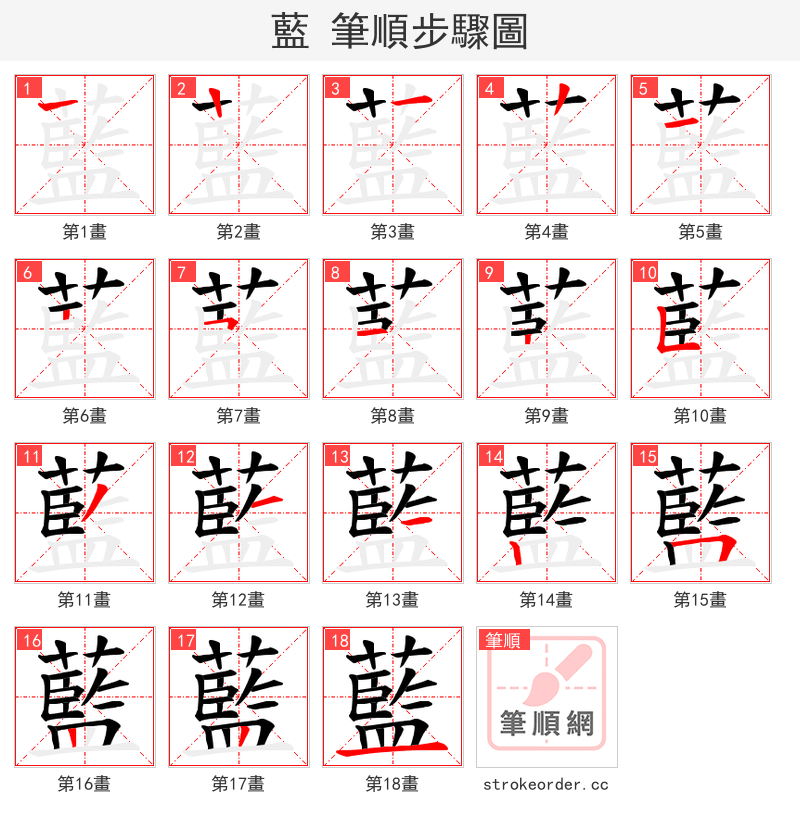藍 的笔顺分步演示（一笔一画写字）