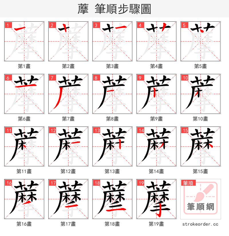 藦 的笔顺分步演示（一笔一画写字）