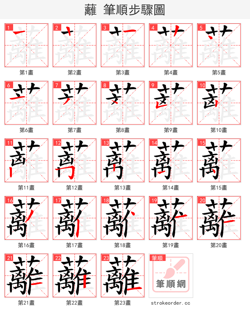 蘺 的笔顺分步演示（一笔一画写字）
