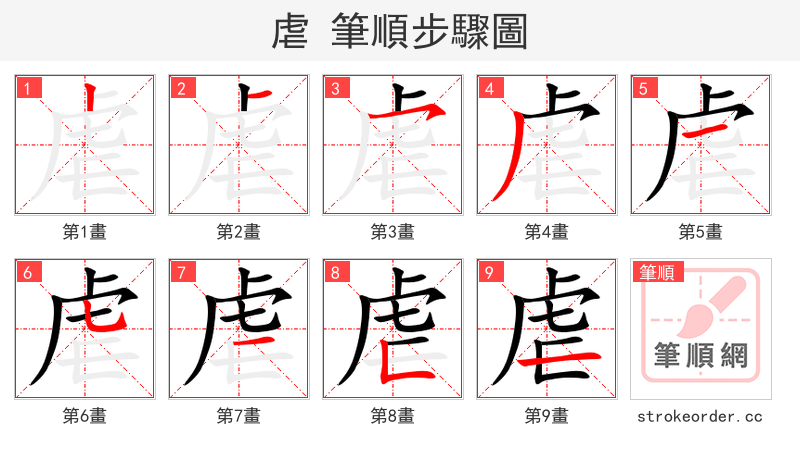虐 的笔顺分步演示（一笔一画写字）