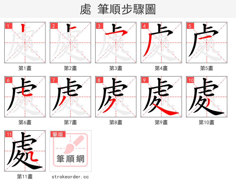 處 的笔顺分步演示（一笔一画写字）