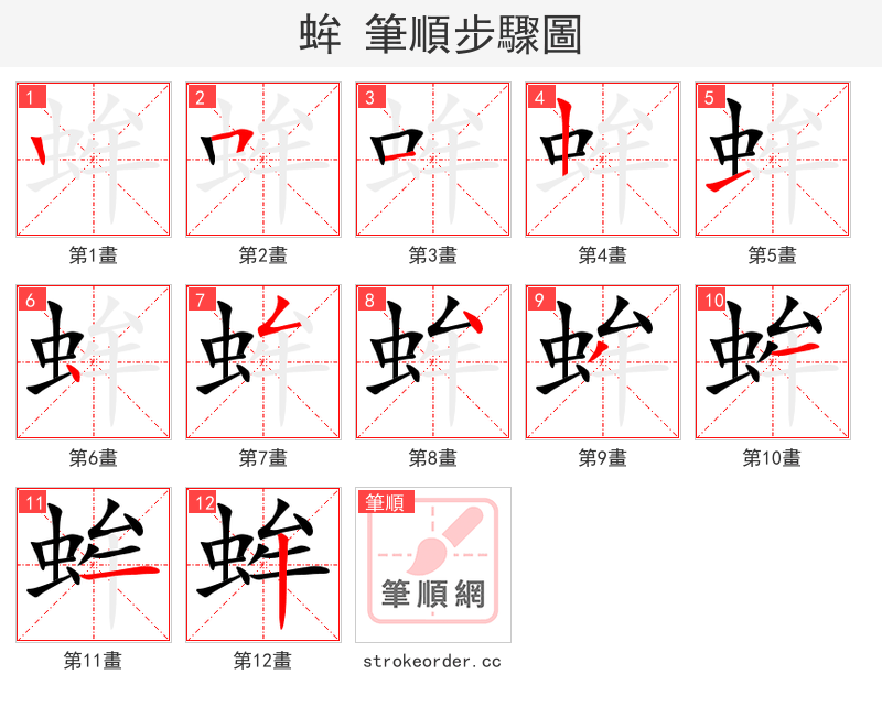 蛑 的笔顺分步演示（一笔一画写字）