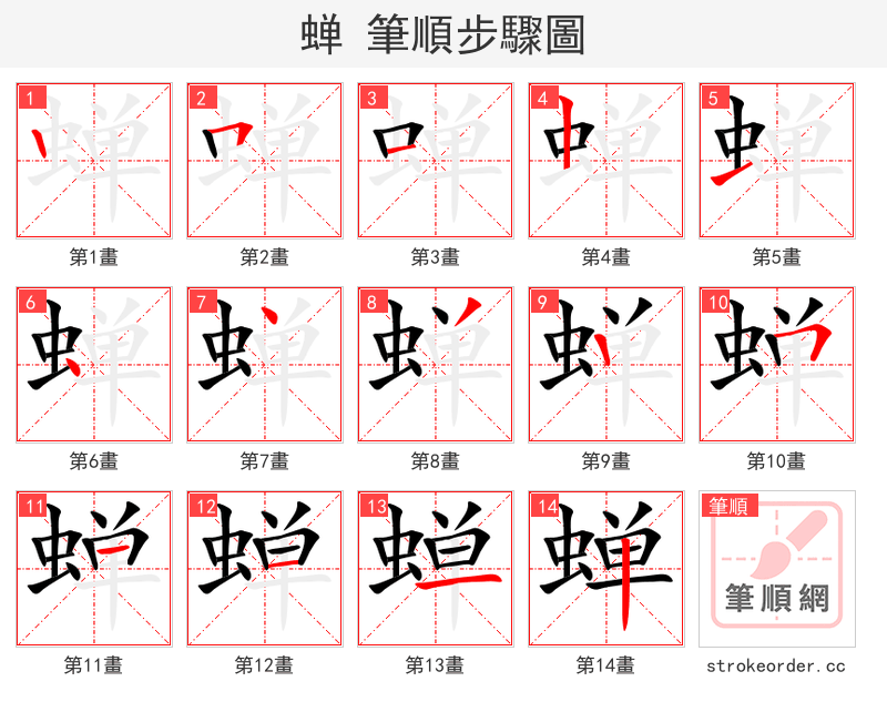 stroke order steps of 蝉