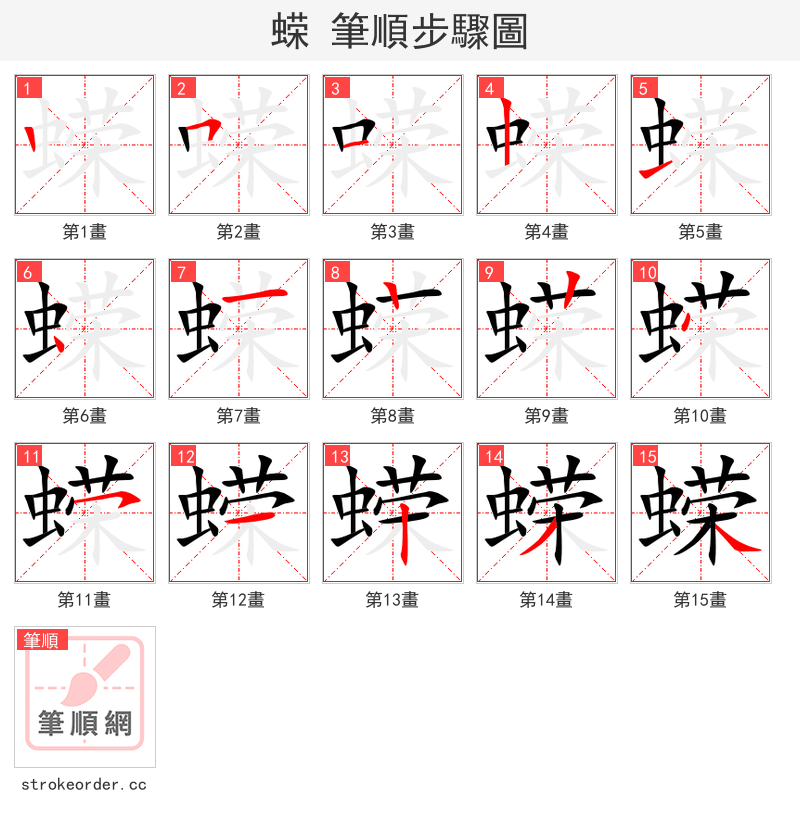 蝾 的笔顺分步演示（一笔一画写字）
