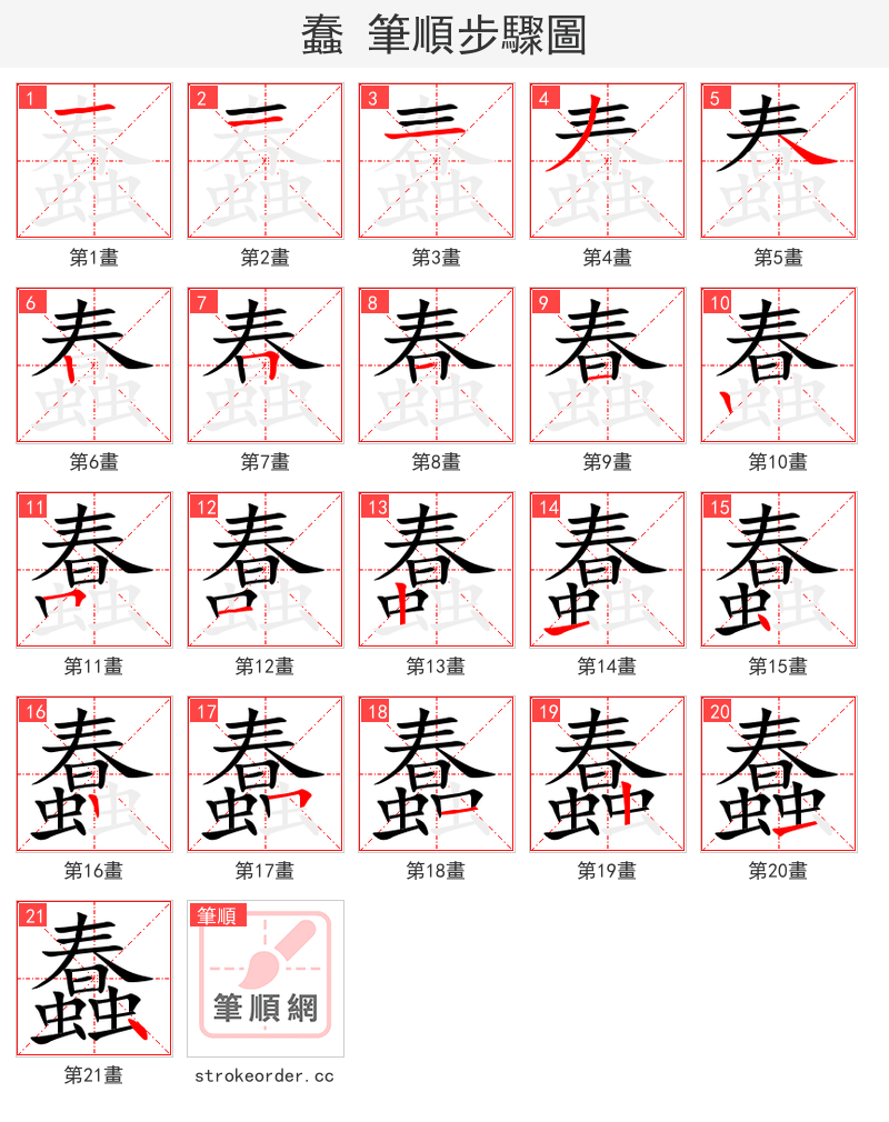 蠢 的笔顺分步演示（一笔一画写字）