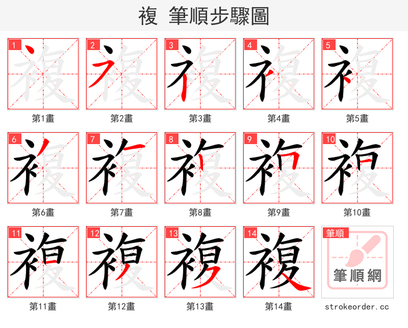 複 的笔顺分步演示（一笔一画写字）