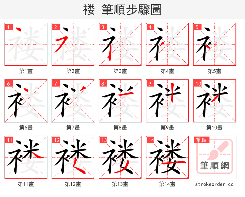 褛 的笔顺分步演示（一笔一画写字）