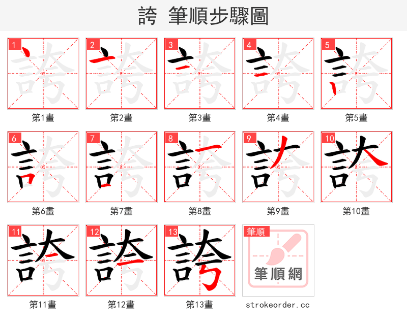 誇 的笔顺分步演示（一笔一画写字）