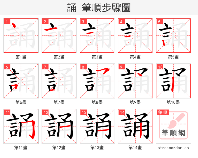 誦 的笔顺分步演示（一笔一画写字）