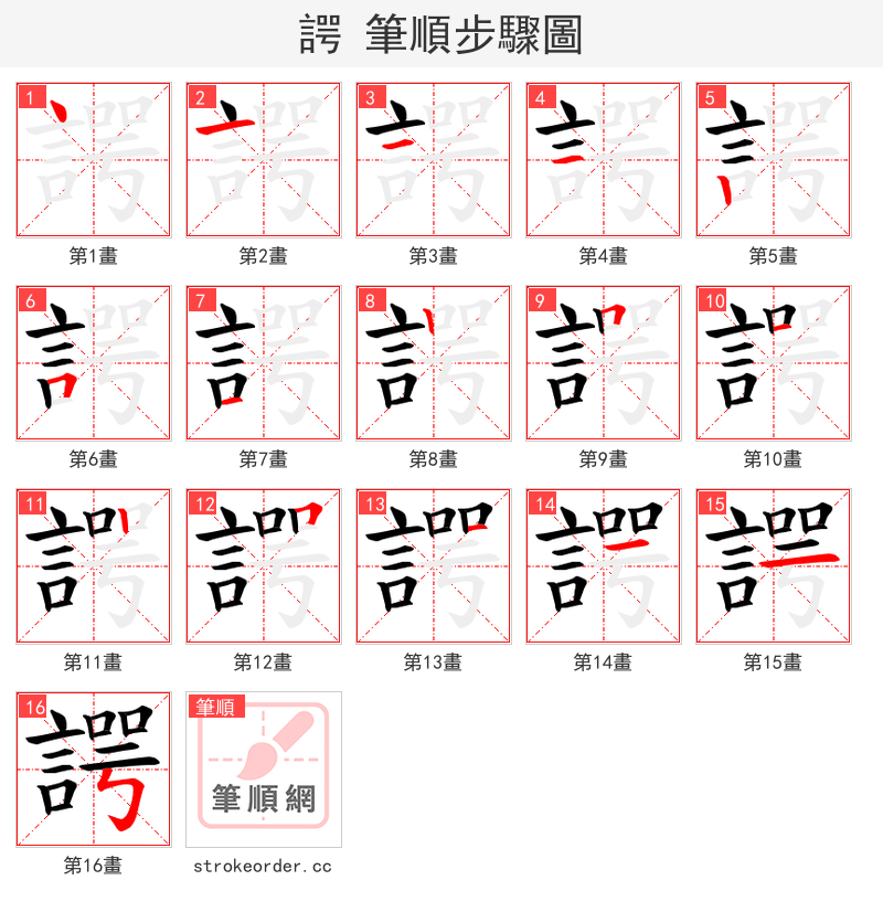 諤 的笔顺分步演示（一笔一画写字）
