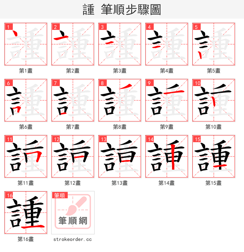 諥 的笔顺分步演示（一笔一画写字）