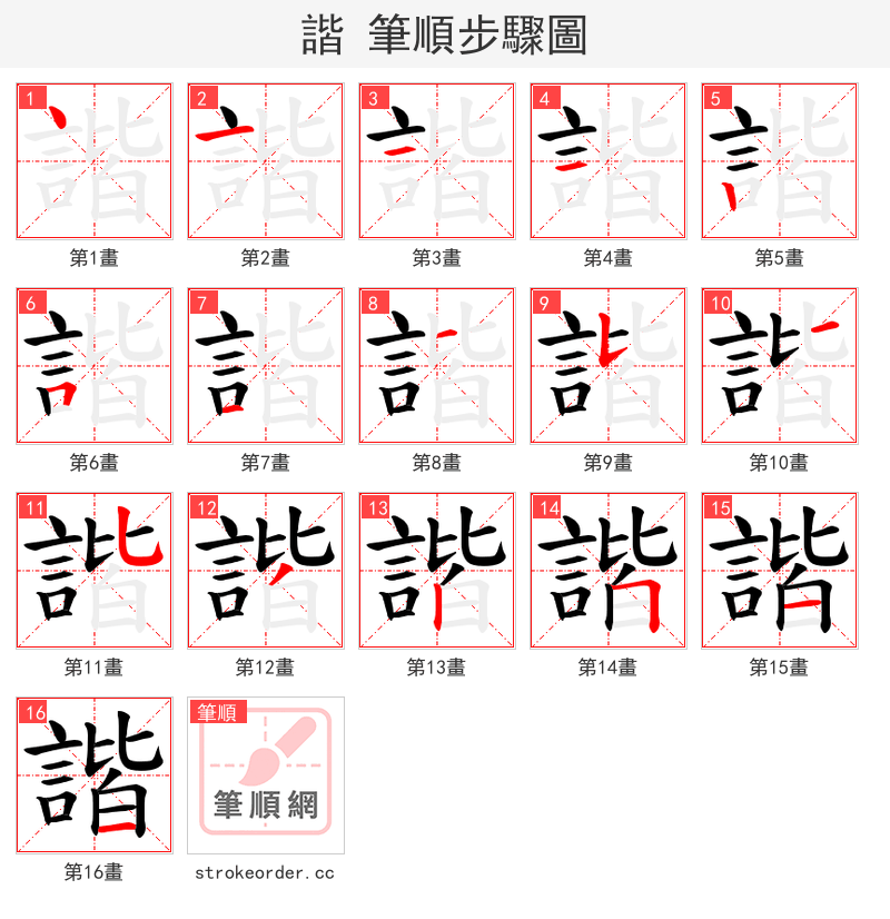 諧 的笔顺分步演示（一笔一画写字）