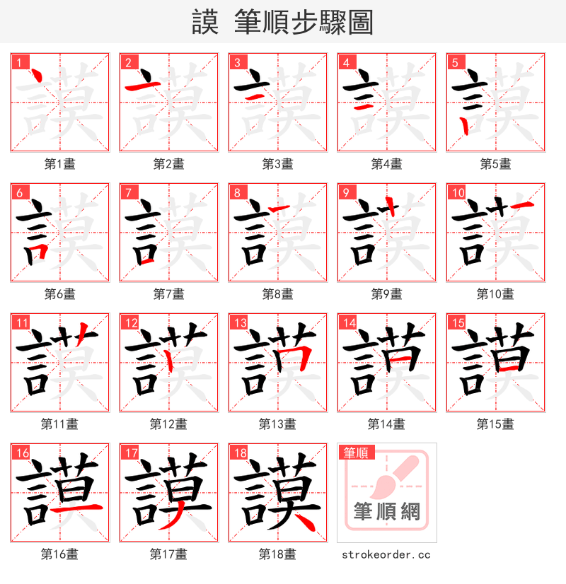 謨 的笔顺分步演示（一笔一画写字）