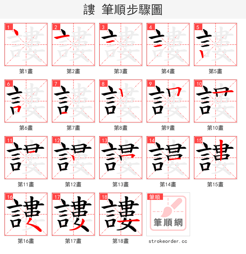 謱 的笔顺分步演示（一笔一画写字）