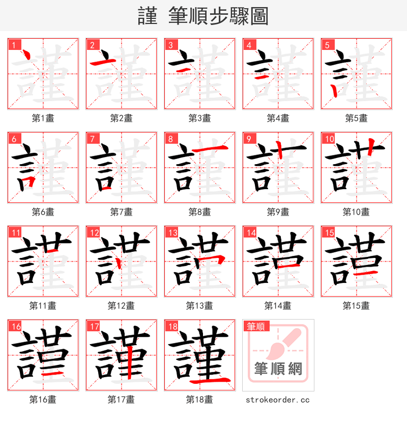 謹 的笔顺分步演示（一笔一画写字）