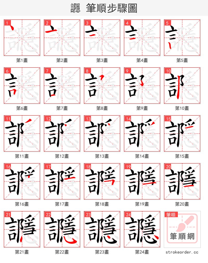 讔 的笔顺分步演示（一笔一画写字）