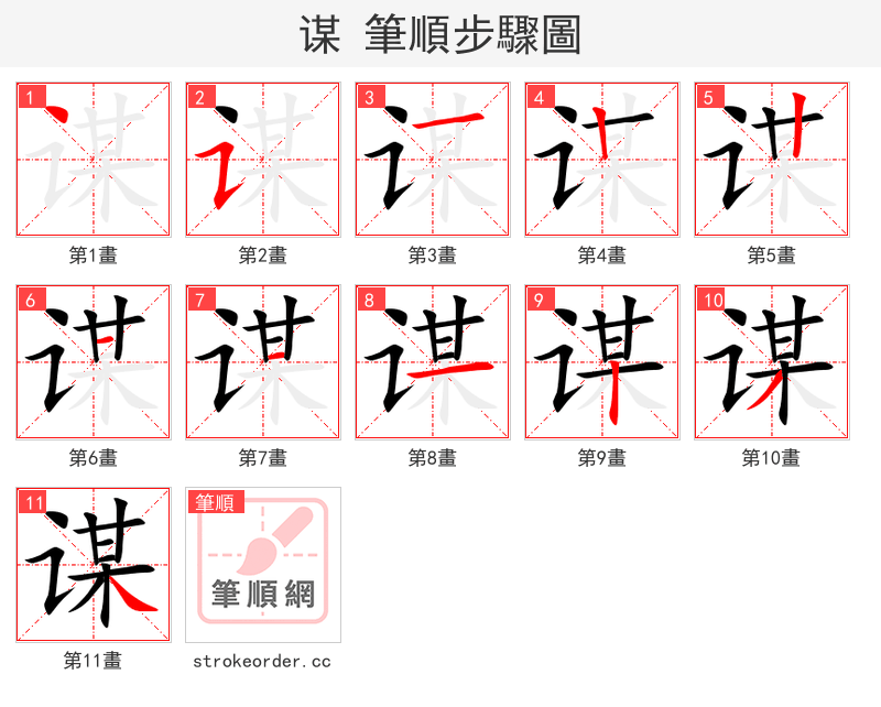 stroke order steps of 谋