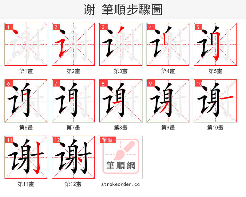 stroke order steps of 谢