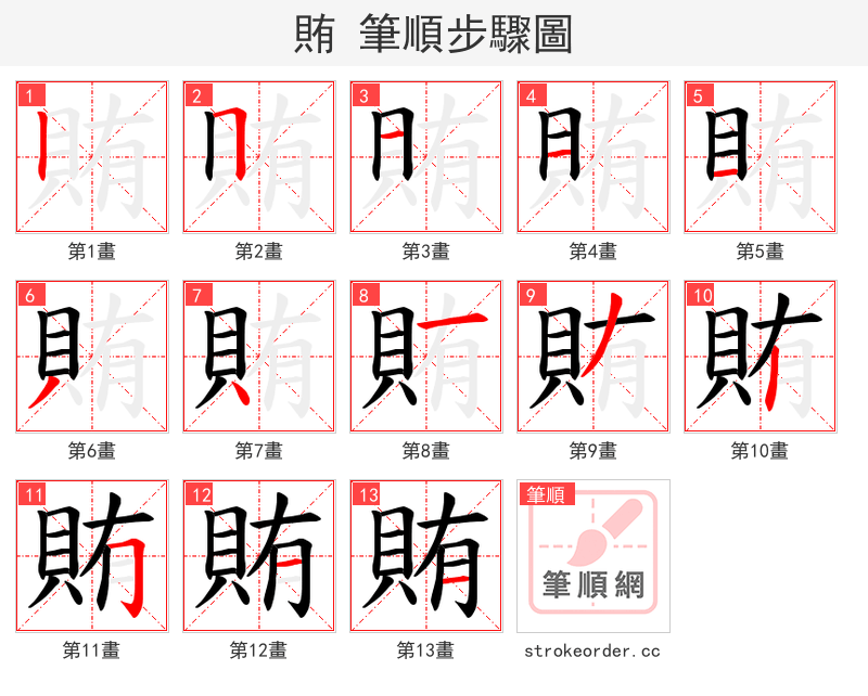賄 的笔顺分步演示（一笔一画写字）