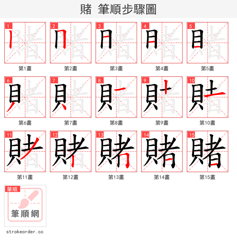 賭 的笔顺分步演示（一笔一画写字）