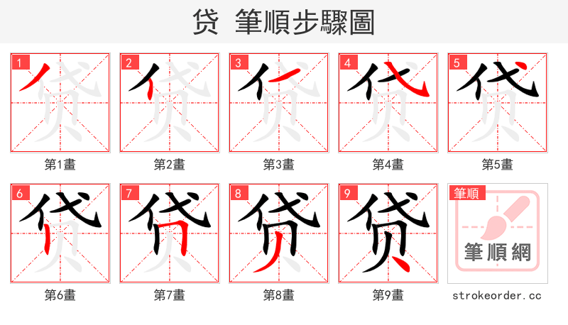 贷 的笔顺分步演示（一笔一画写字）