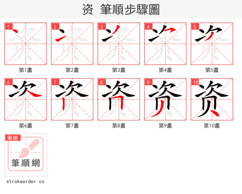 资 的笔顺分步演示（一笔一画写字）