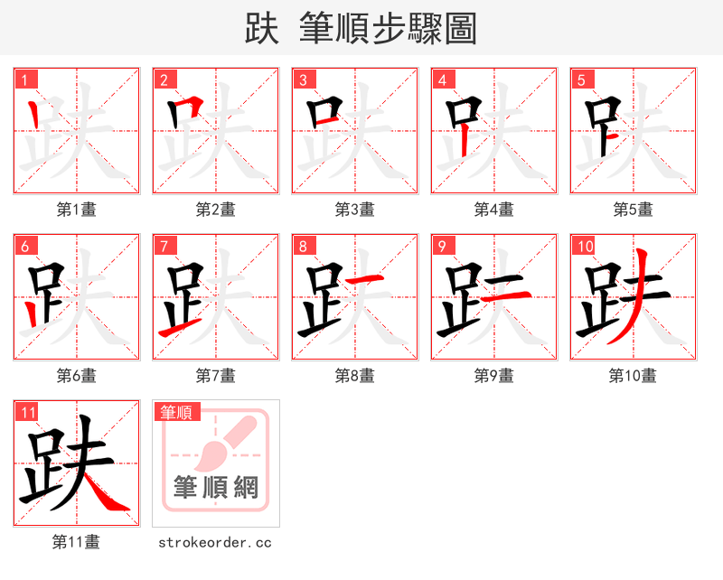 趺 的笔顺分步演示（一笔一画写字）
