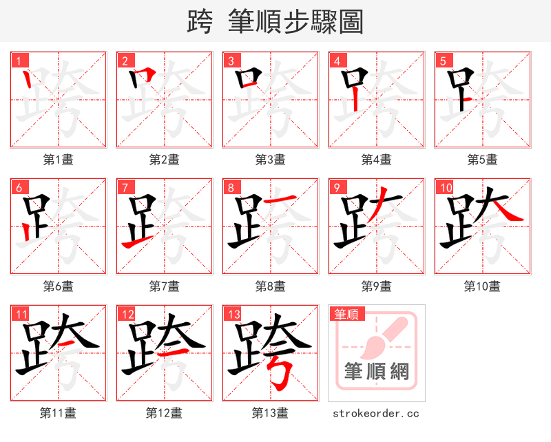 跨 的笔顺分步演示（一笔一画写字）