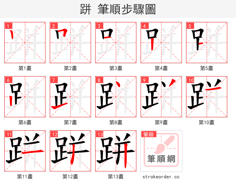 跰 的笔顺分步演示（一笔一画写字）