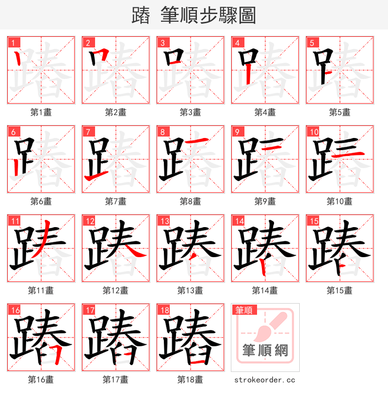蹖 的笔顺分步演示（一笔一画写字）